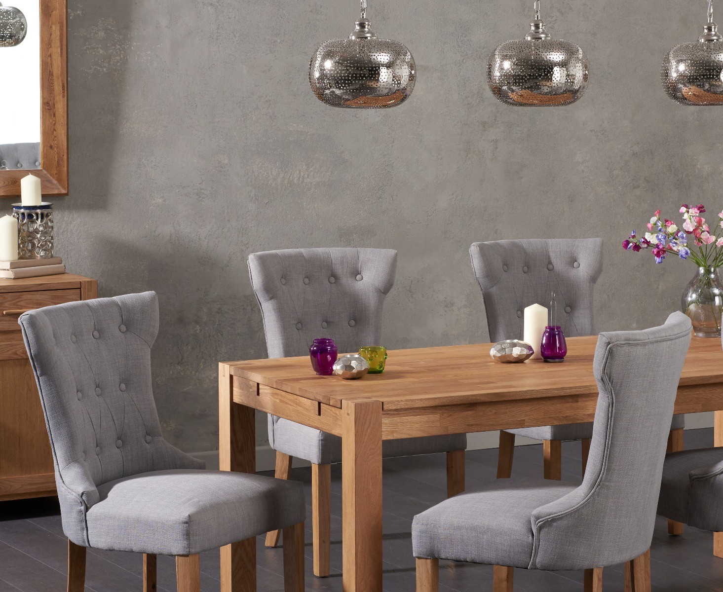 Photo 3 of Verona 150cm solid oak dining table with 6 grey clara fabric chairs
