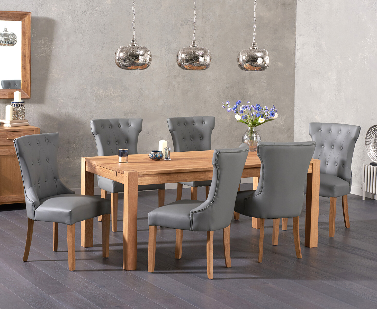 Product photograph of Verona 150cm Oak Dining Table With 6 Grey Clara Chairs from Oak Furniture Superstore