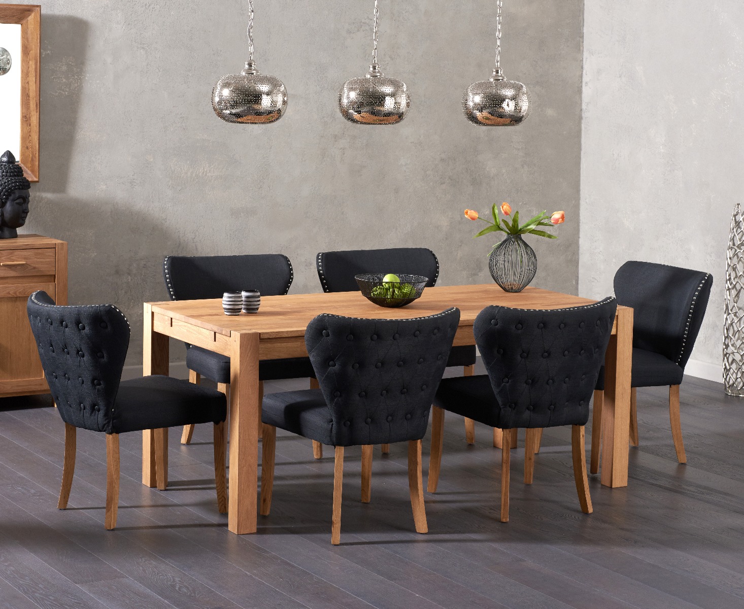 Product photograph of Verona 150cm Solid Oak Dining Table With 6 Grey Isla Fabric Chairs from Oak Furniture Superstore