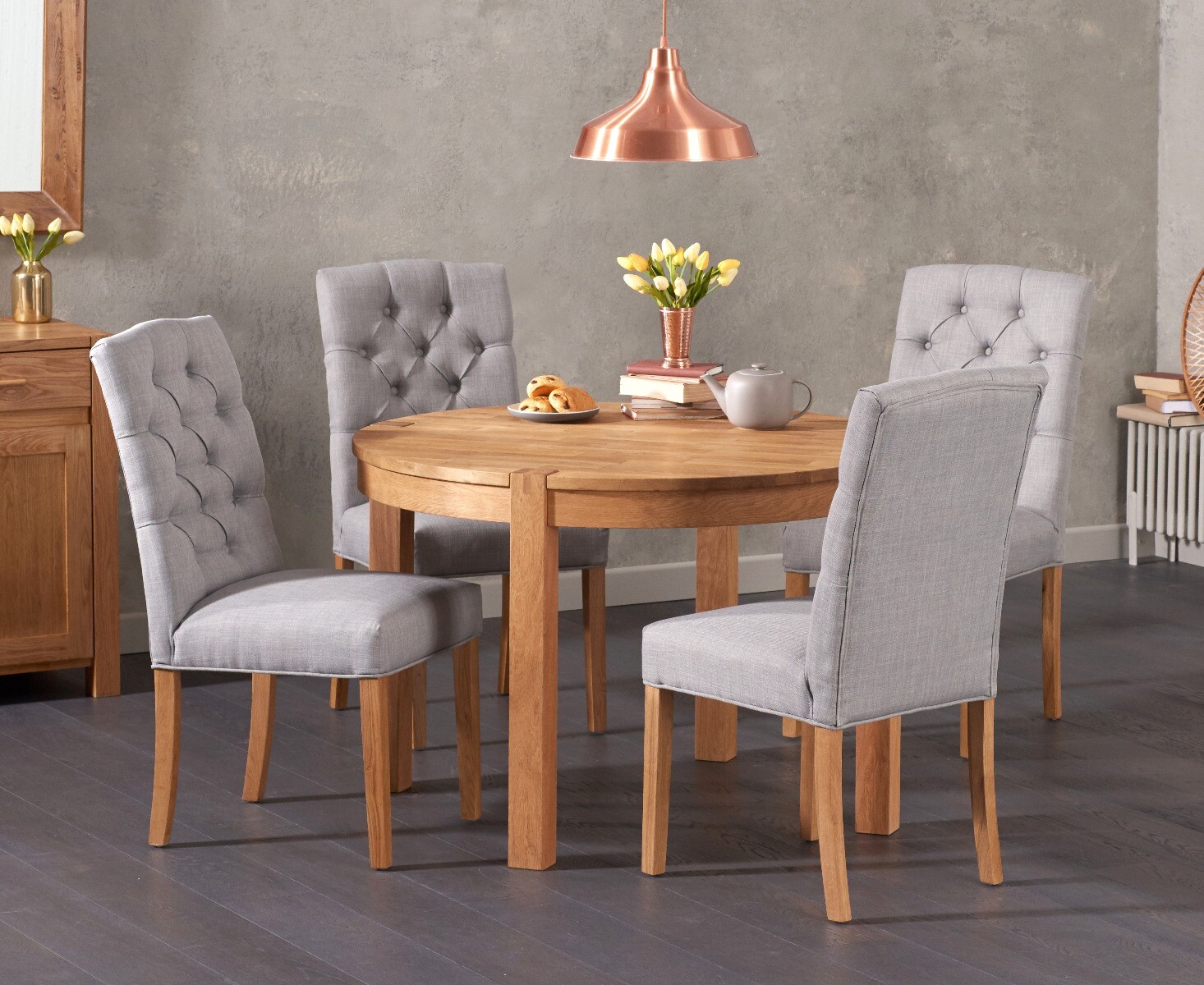 Product photograph of Thetford 110cm Oak Round Dining Table With 4 Grey Isabella Chairs from Oak Furniture Superstore