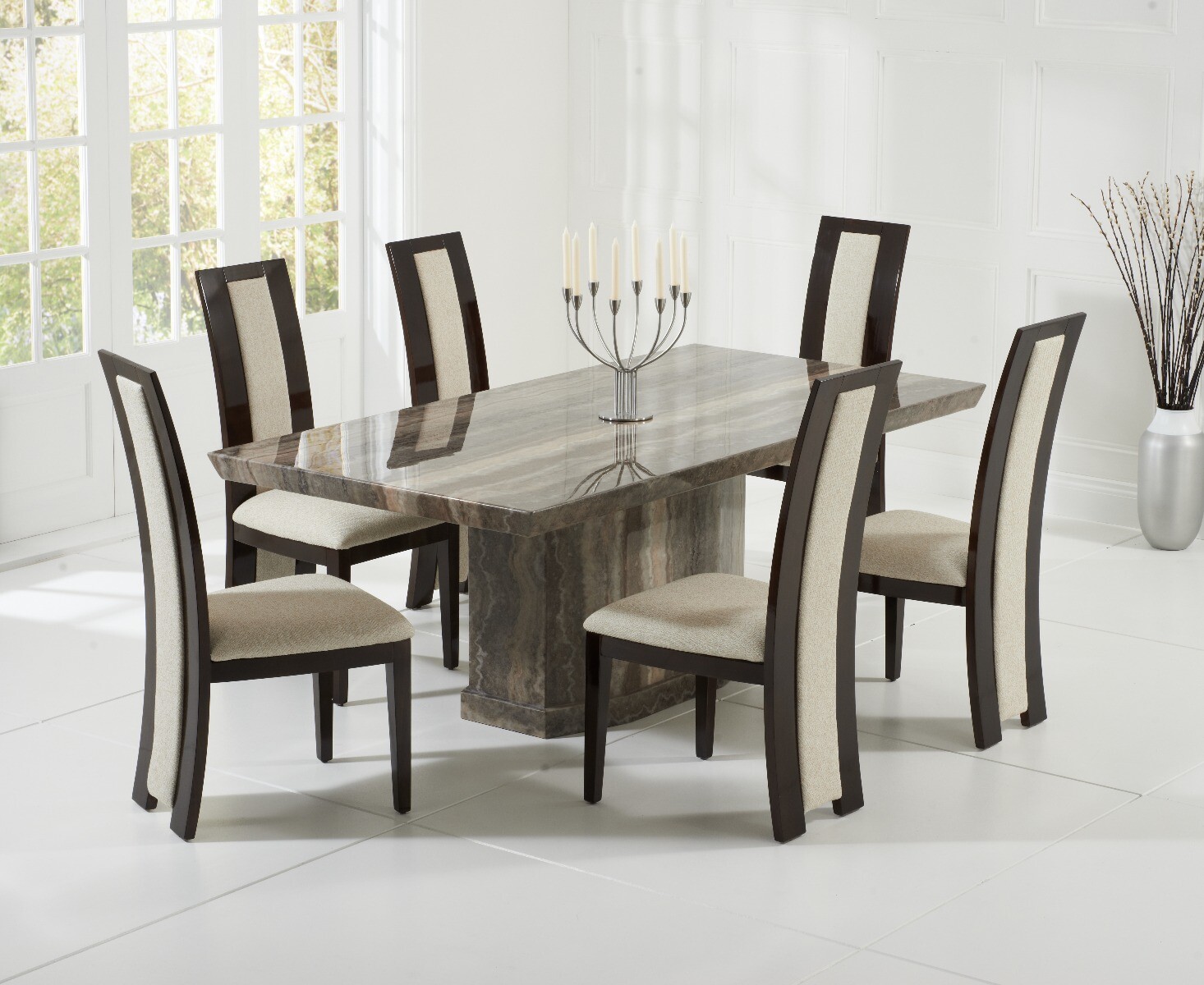 Product photograph of Carvelle 160cm Brown Pedestal Marble Dining Table With 8 Brown Novara Chairs from Oak Furniture Superstore