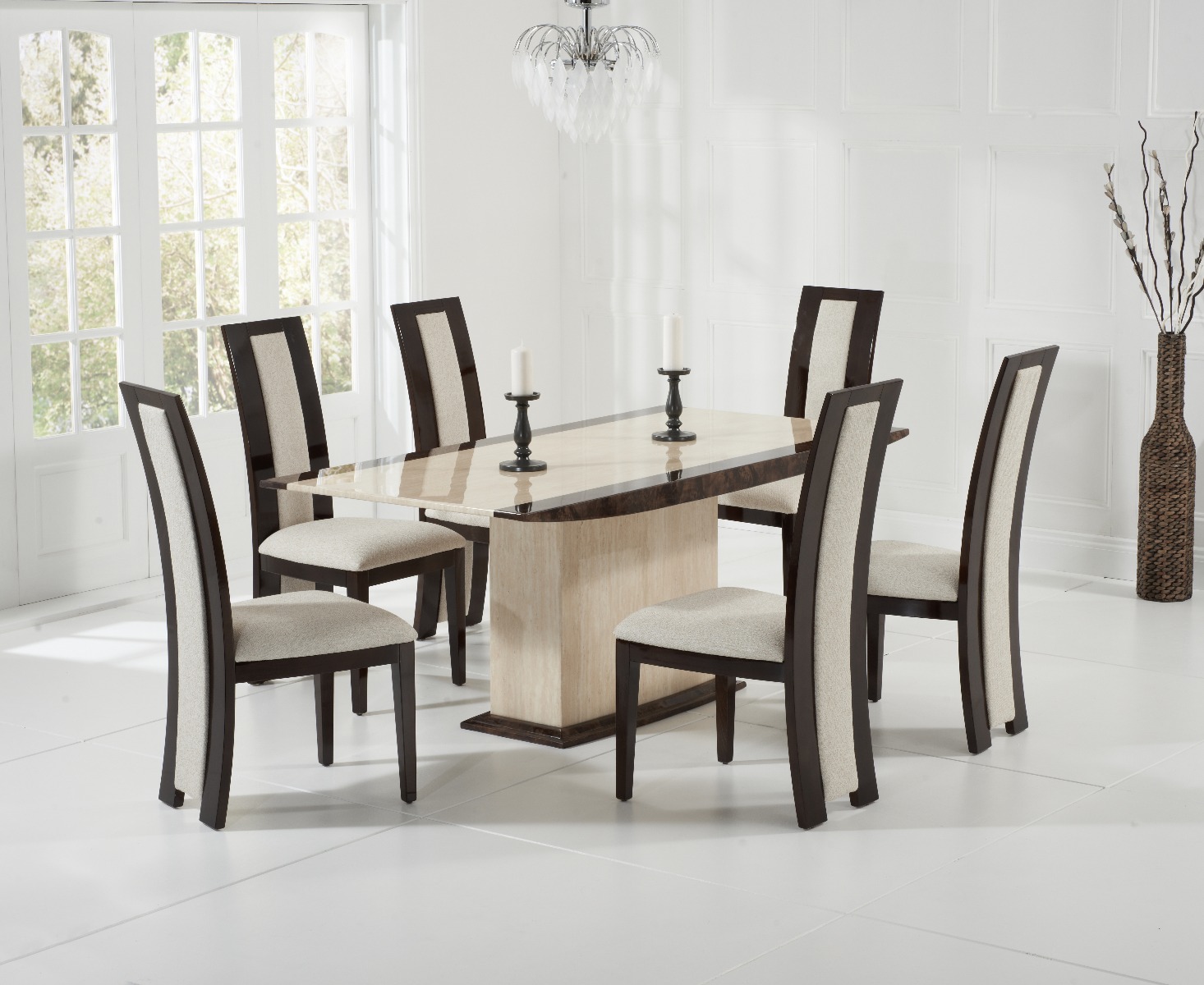 Product photograph of Assisi 180cm Cream Pedestal Marble Dining Table With 4 Black Novara Chairs from Oak Furniture Superstore