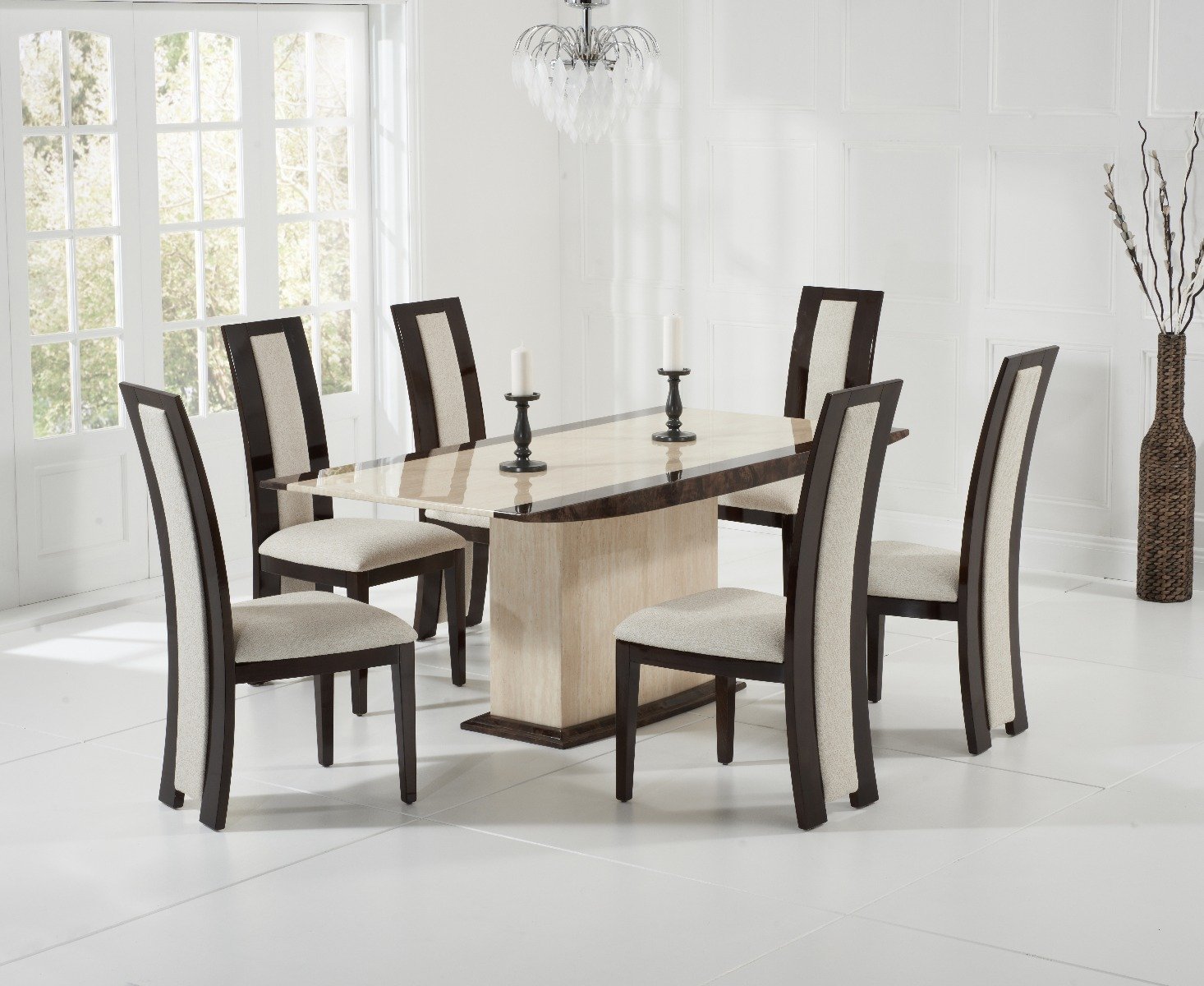 Assisi 180cm Cream Pedestal Marble Dining Table With 6 Brown Novara Chairs