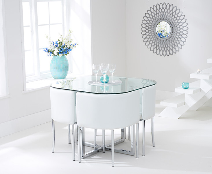 Photo 1 of Algarve clear glass dining table with 4 white high back stools
