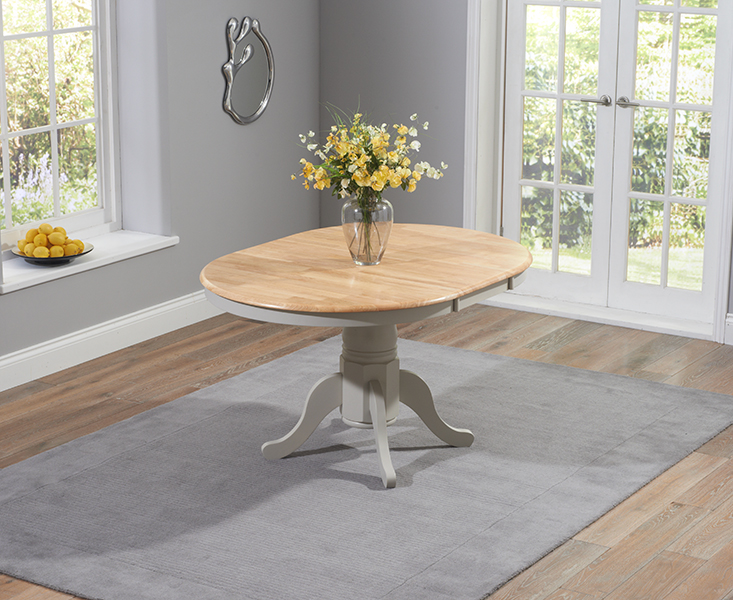 Photo 1 of Epsom oak and grey painted pedestal extending dining table with 6 grey isabella grey fabric dining chairs