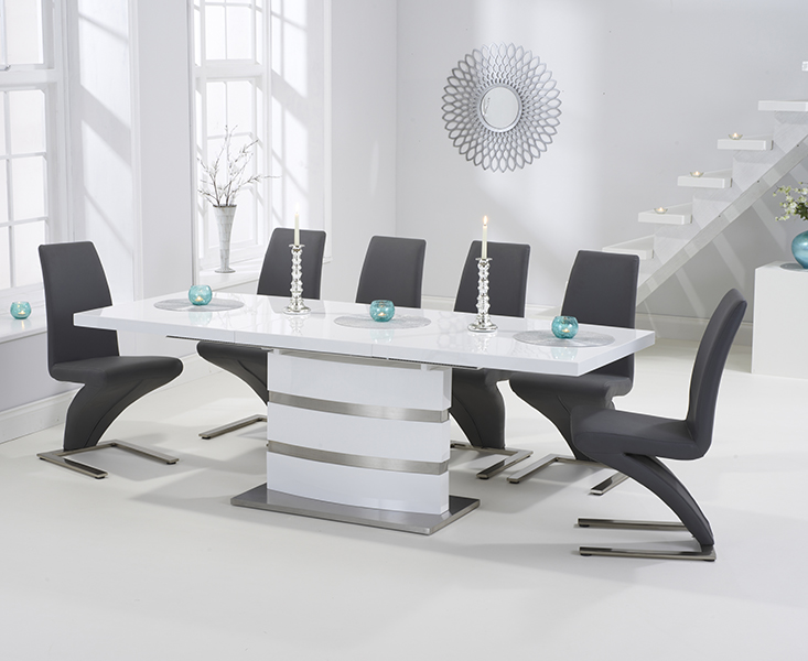 Extending Vicenza 160cm White High Gloss Dining Table With 8 Grey Aldo Chairs