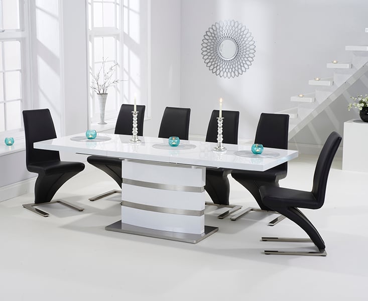 Product photograph of Extending Vicenza 160cm White High Gloss Dining Table With 8 Black Aldo Chairs from Oak Furniture Superstore