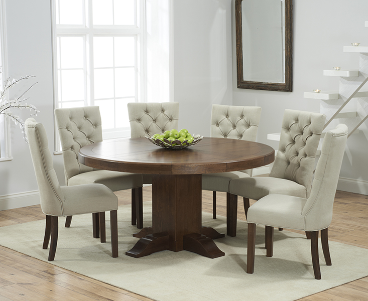 Torino 150cm Dark Solid Oak Round Pedestal Dining Table With 4 Cream Francois Fabric Dark Oak Leg Chairs