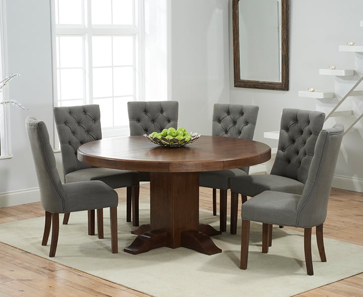 Torino 150cm Dark Solid Oak Round Pedestal Dining Table With 8 Grey Francois Fabric Dark Oak Leg Chairs