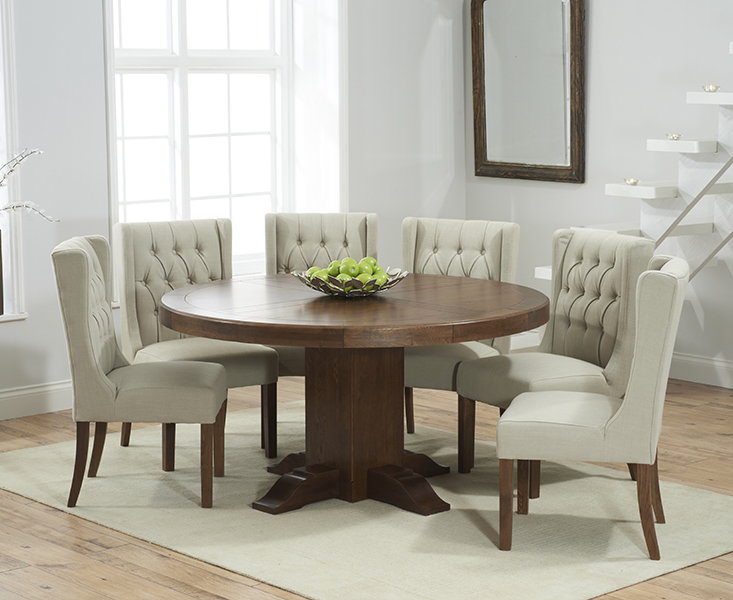 Product photograph of Helmsley 150cm Dark Oak Round Pedestal Dining Table With 8 Natural Darcy Chairs from Oak Furniture Superstore
