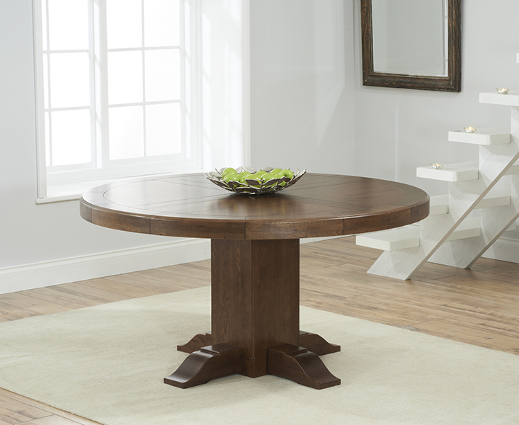 Photo 1 of Helmsley 150cm dark solid oak round pedestal dining table with 6 cream francois fabric dark oak leg chairs