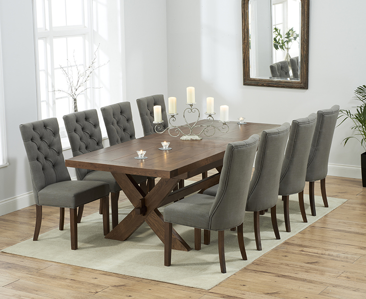 Extending Buckley 200cm Dark Solid Oak Dining Table With 8 Grey Francois Chairs