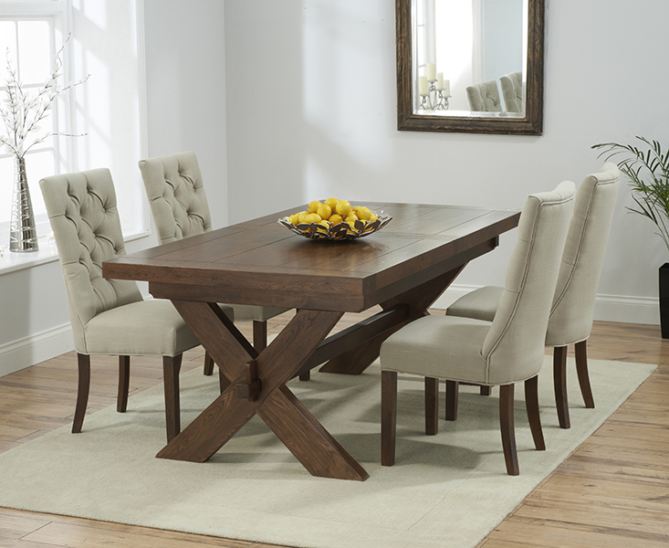 Bordeaux 200cm Dark Solid Oak Extending Dining Table With 8 Cream Francois Chairs