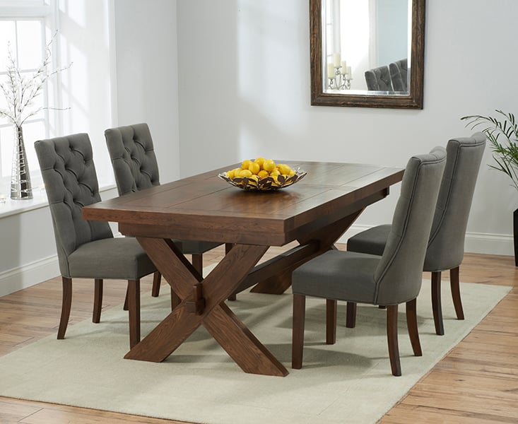 Bordeaux 200cm Dark Solid Oak Extending Dining Table With 8 Grey Francois Chairs