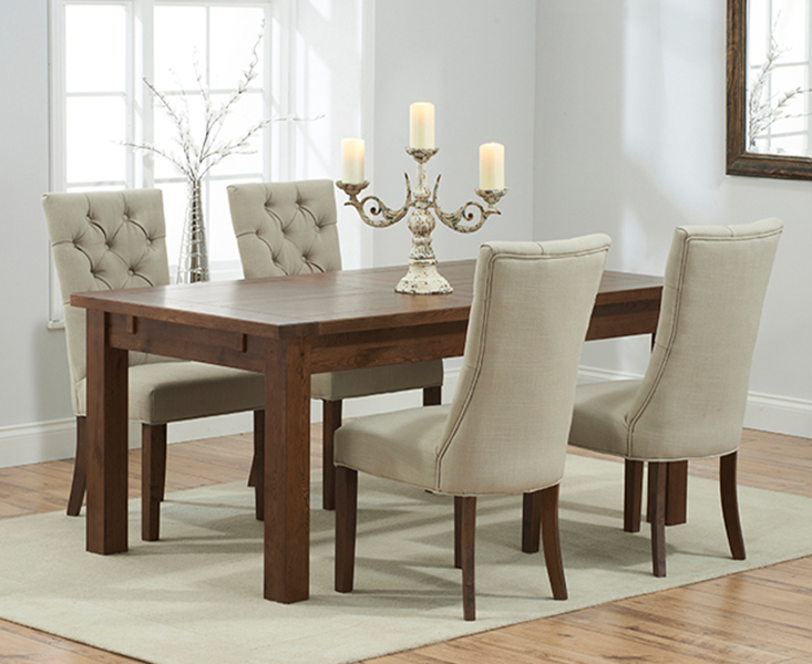 Normandy 150cm Dark Solid Oak Extending Dining Table With 4 Cream Francois Fabric Dark Oak Leg Chairs