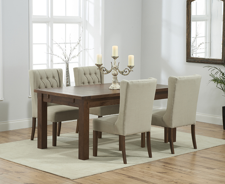 Normandy 150cm Dark Solid Oak Extending Dining Table With 4 Cream Safia Fabric Dark Oak Leg Chairs