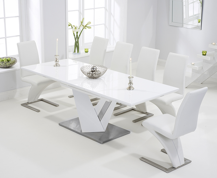 Extending Santino 160cm White High Gloss Dining Table With 10 White Aldo Chairs