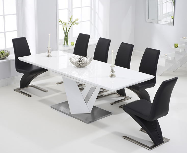 Product photograph of Extending Santino 160cm White High Gloss Dining Table With 10 Black Aldo Chairs from Oak Furniture Superstore