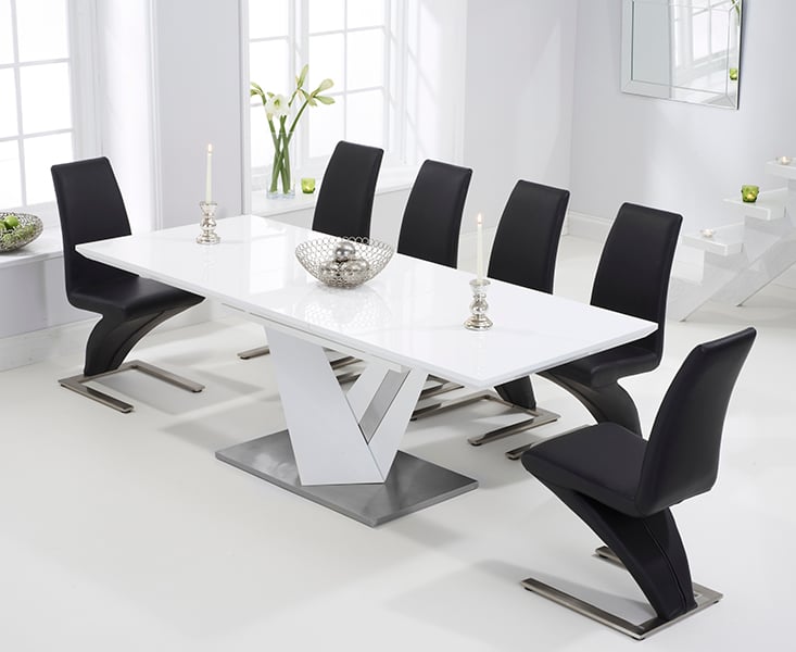 Extending Santino 160cm White High Gloss Dining Table With 8 Black Aldo Chairs