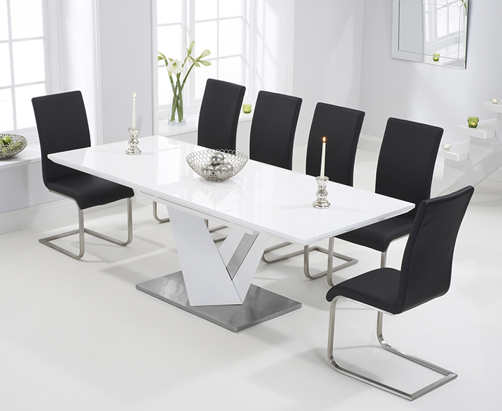 Photo 2 of Santino 160cm white high gloss extending dining table with 10 black austin chairs