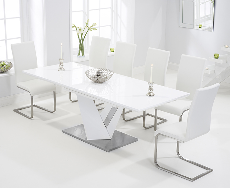 Photo 1 of Santino 160cm white high gloss extending dining table with 8 black austin chairs