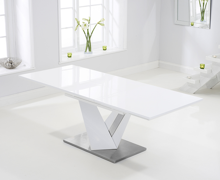 Photo 1 of Extending santino 160cm white high gloss dining table with 8 white aldo chairs