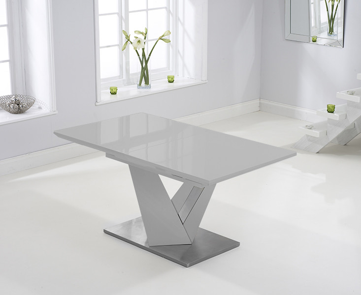 Photo 4 of Extending santino 160cm light grey high gloss dining table with 6 grey austin chairs