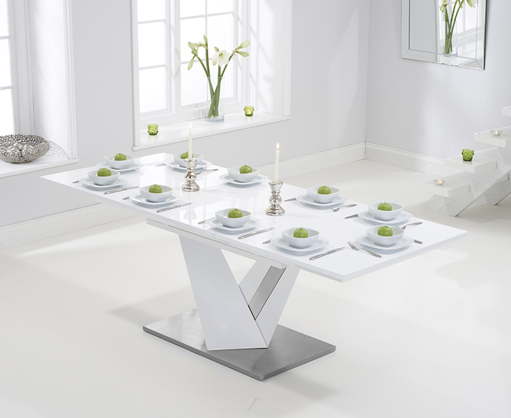 Photo 4 of Santino 160cm white high gloss extending dining table with 8 grey austin chairs