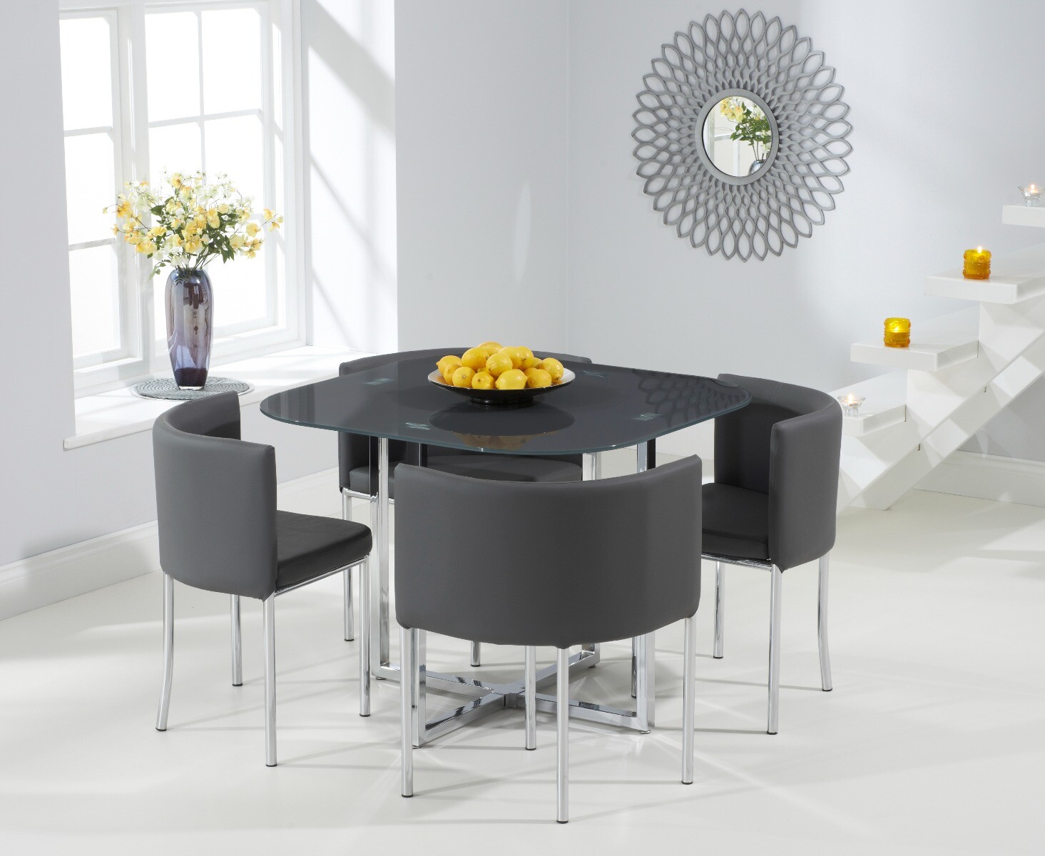 Product photograph of Algarve Grey Glass Dining Table With 4 Grey High Back Stools from Oak Furniture Superstore