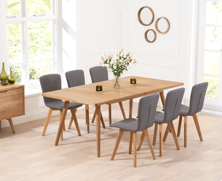 Extending Ruben 150cm Retro Oak Dining Table With 6 Grey Ruben Chairs