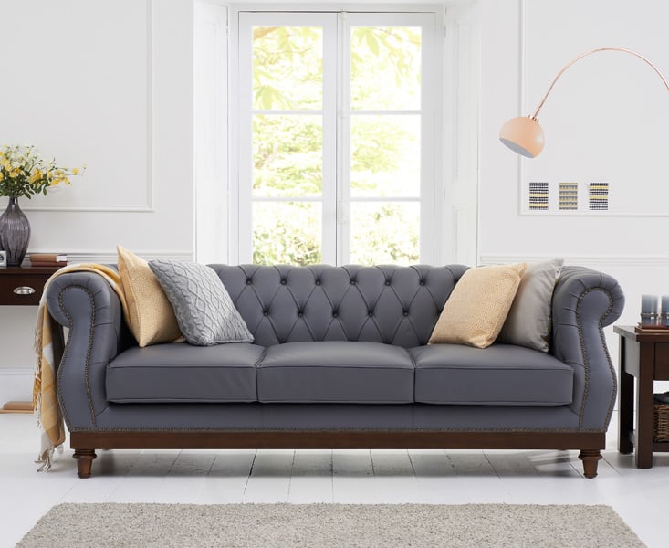 Product photograph of Henbury Chesterfield Grey Leather 3 Seater Sofa from Oak Furniture Superstore