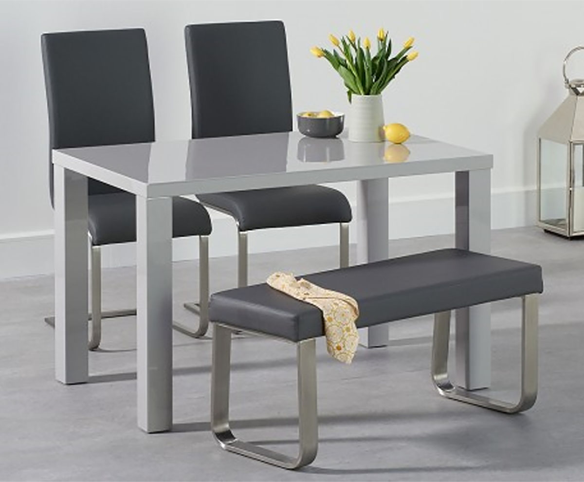 Seattle 120cm Light Grey High Gloss Dining Table With 4 Grey Austin Chairs With 2 Grey Benches