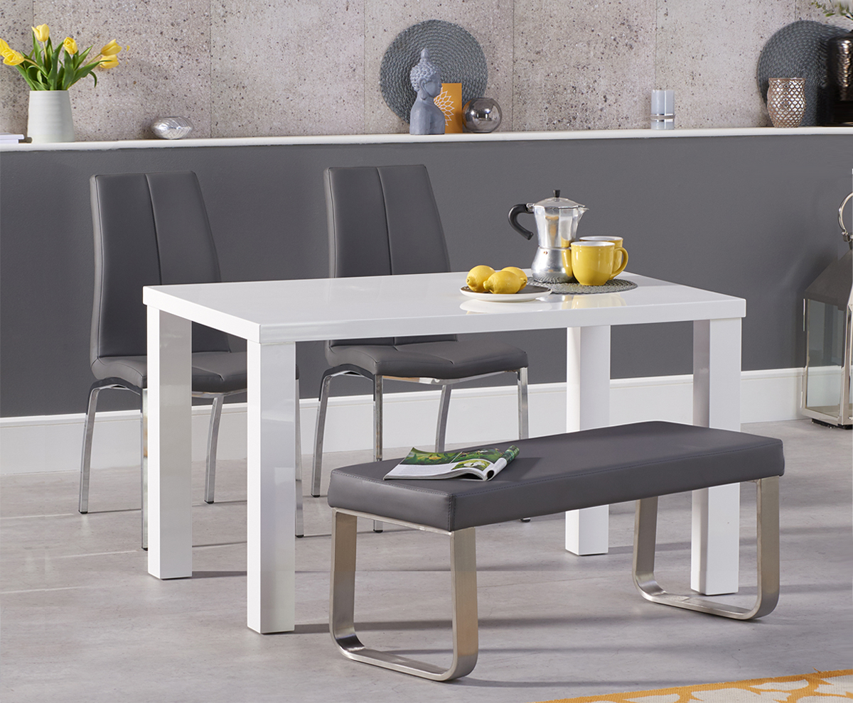 Product photograph of Seattle 120cm White High Gloss Dining Table With 4 Black Marco Chairs And 2 Austin Grey Bench from Oak Furniture Superstore
