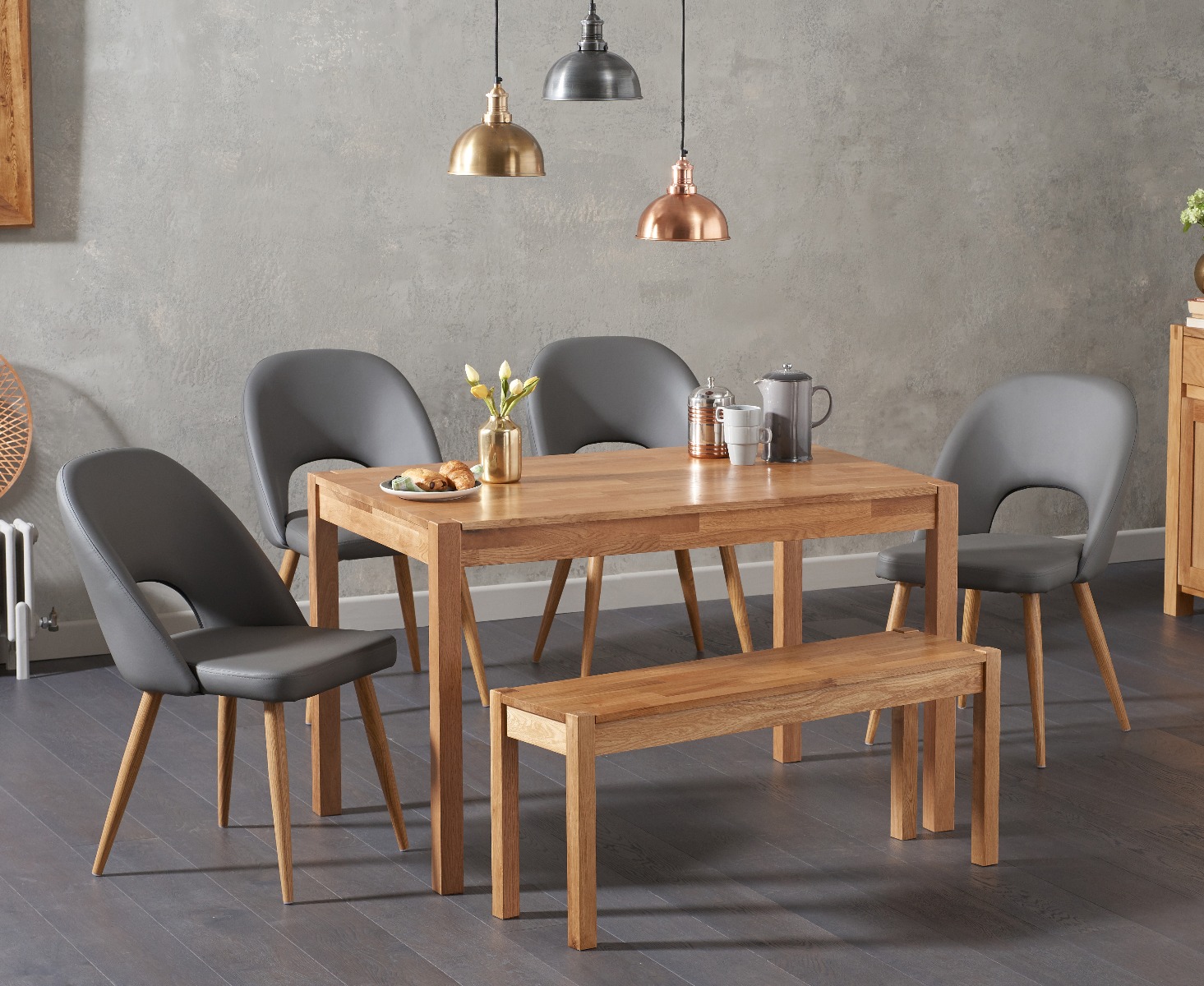 Product photograph of York 150cm Solid Oak Dining Table With 4 Grey Hudson Faux Leather Chairs And 2 York Benches from Oak Furniture Superstore