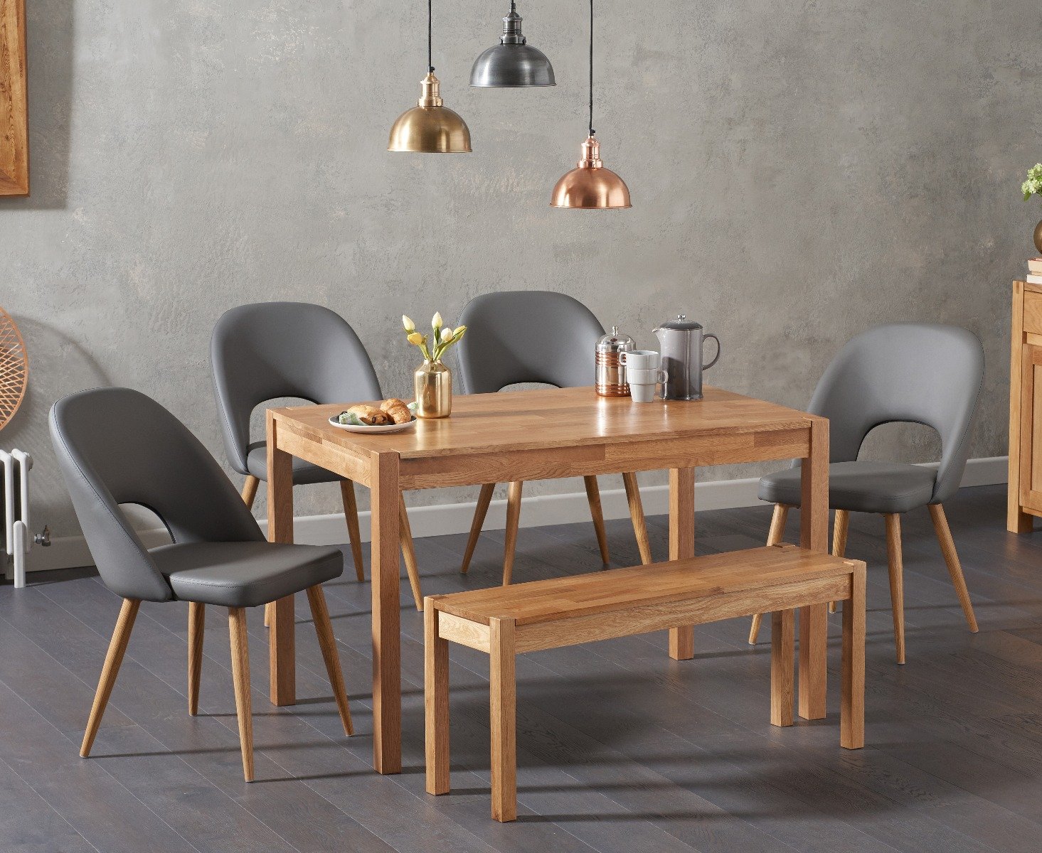 Product photograph of York 150cm Solid Oak Dining Table With 2 Grey Hudson Faux Leather Chairs And 1 York Bench from Oak Furniture Superstore