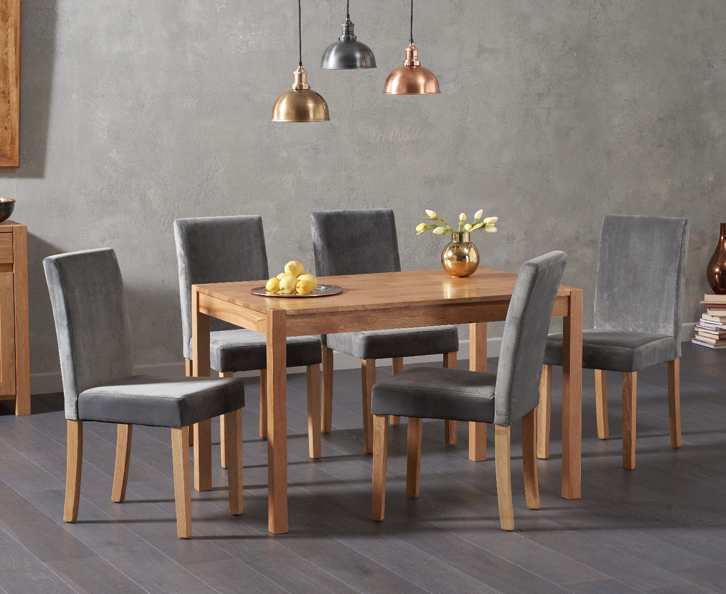 Product photograph of York 120cm Solid Oak Dining Table With 4 Grey Lila Velvet Chairs from Oak Furniture Superstore