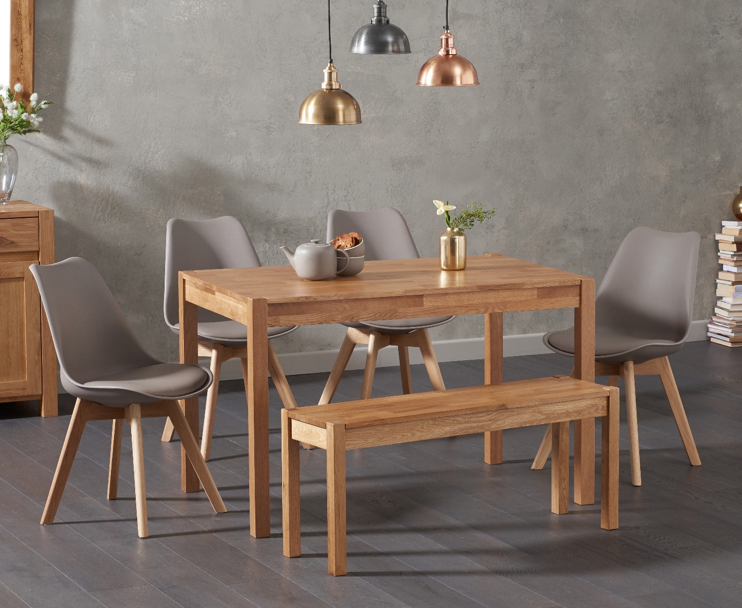 Product photograph of York 150cm Solid Oak Dining Table With 4 White Orson Faux Leather Chairs And 1 York Bench from Oak Furniture Superstore