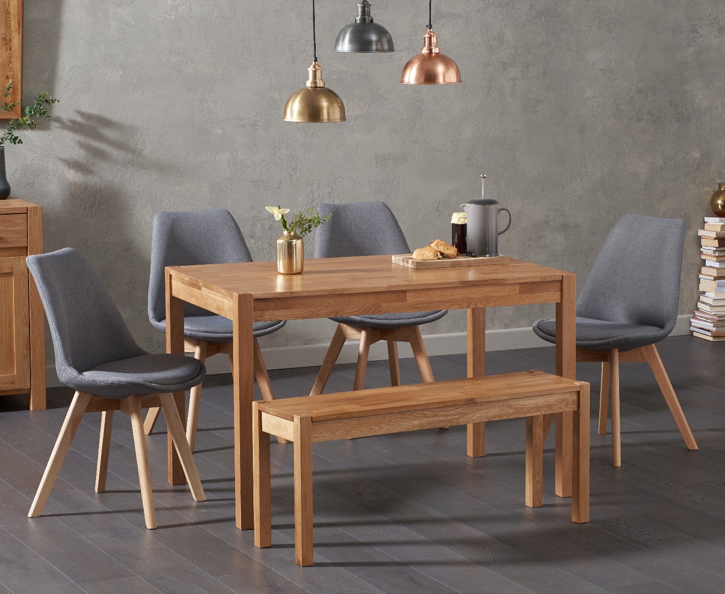 Product photograph of York 150cm Solid Oak Dining Table With 4 Dark Grey Orson Fabric Chairs And 2 York Benches from Oak Furniture Superstore