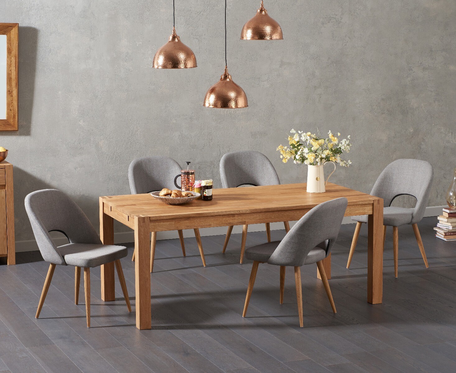 Thetford 150cm Oak Dining Table With 6 Grey Halifax Chairs