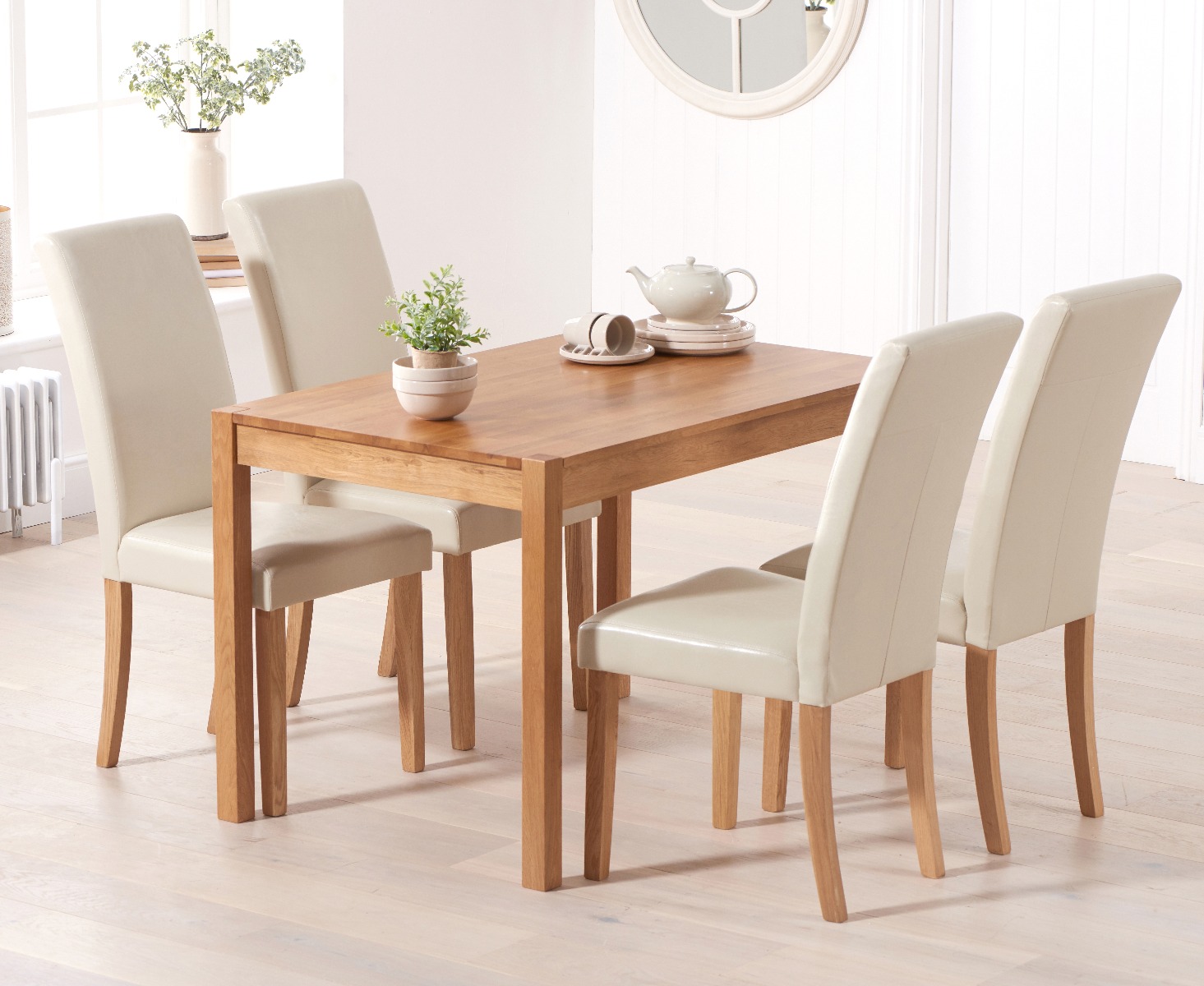 Product photograph of Oxford 120cm Solid Oak Dining Table With 4 Cream Albany Chairs from Oak Furniture Superstore