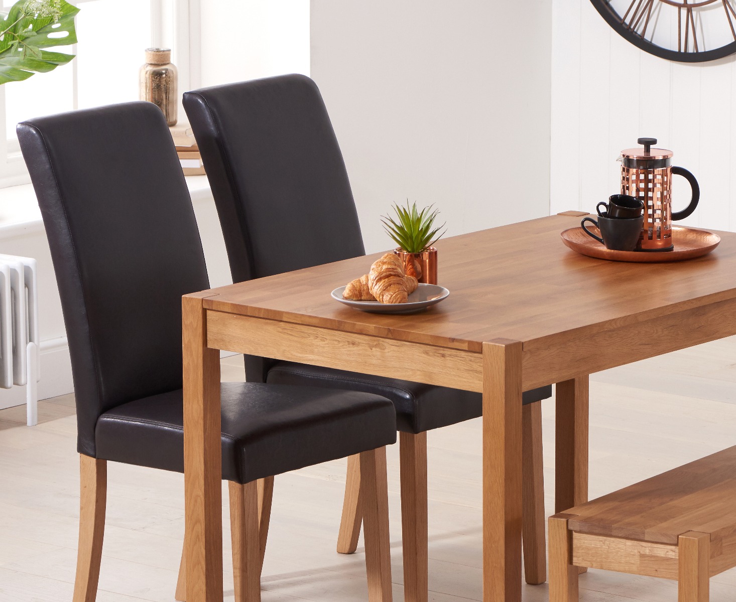 Product photograph of York 120cm Solid Oak Dining Table With 2 Black Olivia Chairs And 2 York Bencheses from Oak Furniture Superstore