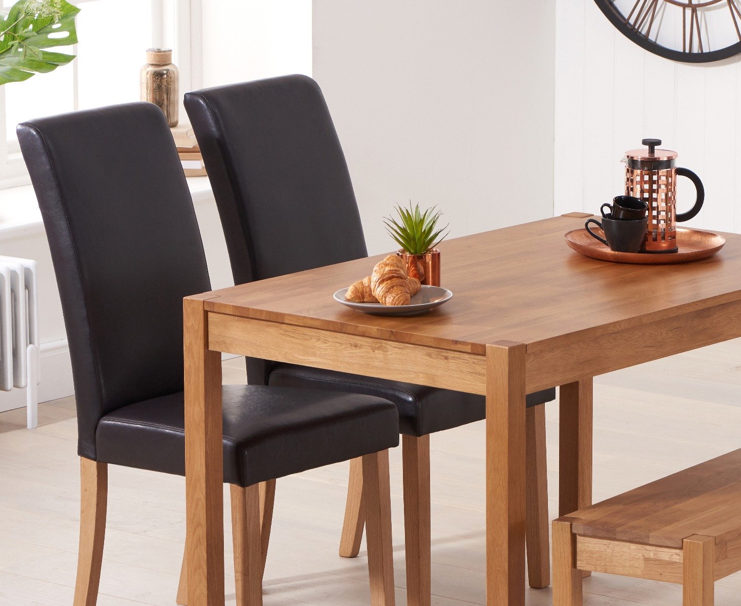 York 120cm Solid Oak Dining Table With 2 Black Olivia Chairs And 2 York Bencheses