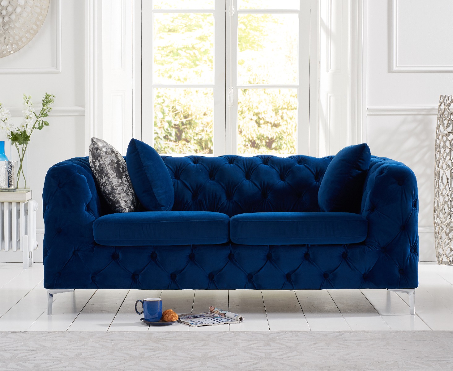 Product photograph of Alara Blue Velvet 2 Seater Sofa from Oak Furniture Superstore