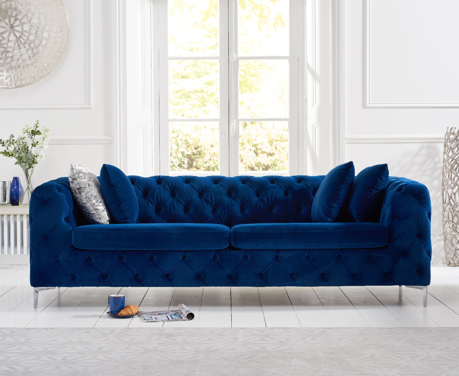 Product photograph of Alara Blue Velvet 3 Seater Sofa from Oak Furniture Superstore