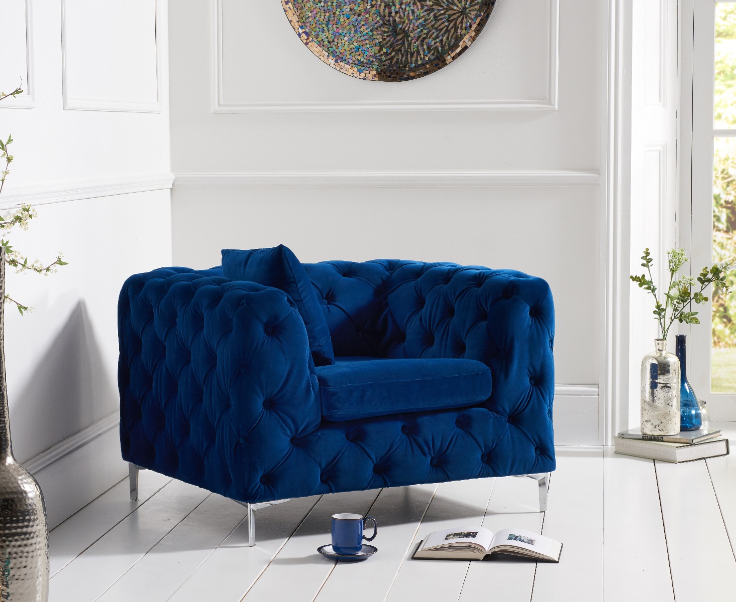 Product photograph of Alara Blue Velvet Armchair from Oak Furniture Superstore