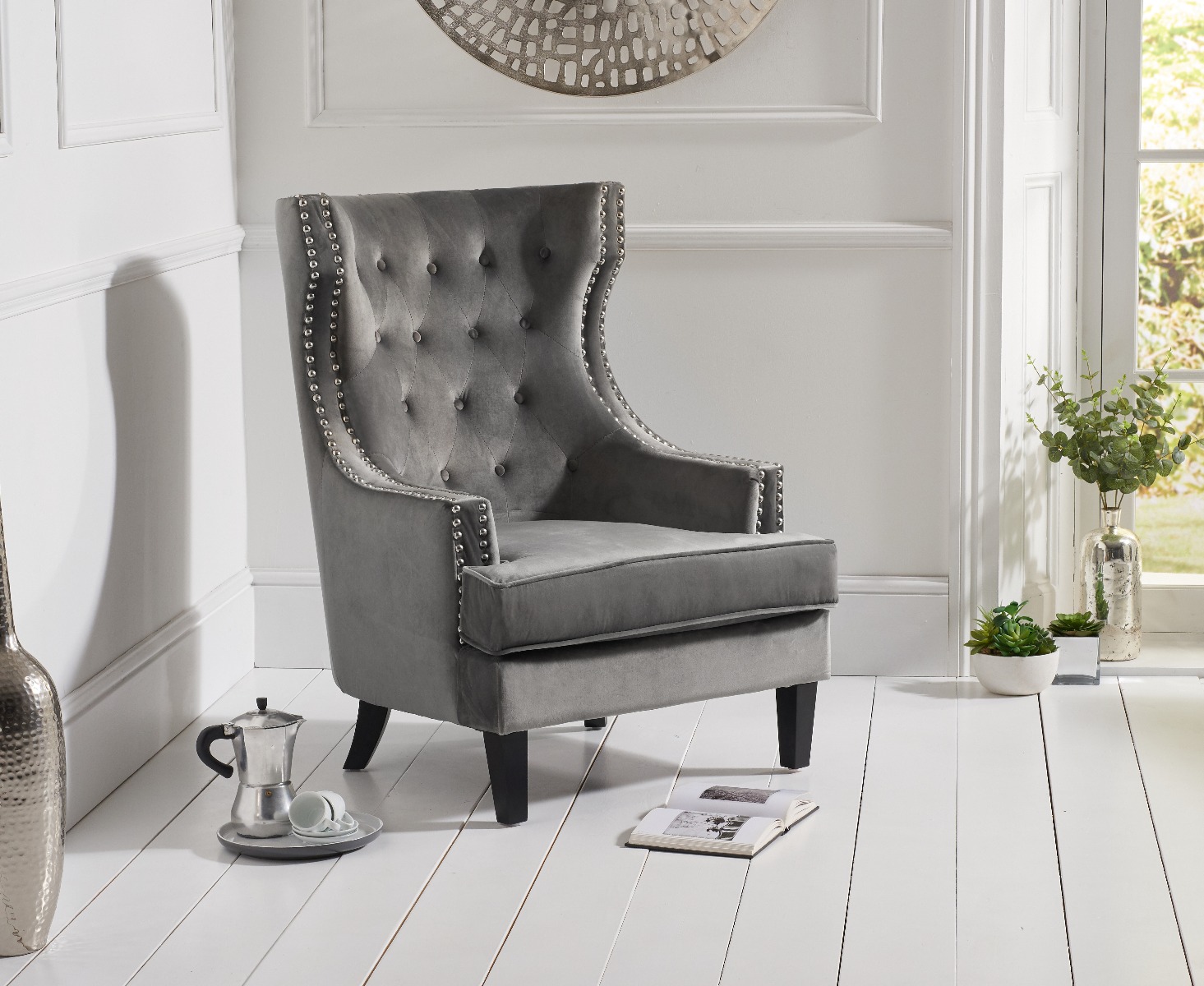 Product photograph of Penelope Grey Velvet Armchair from Oak Furniture Superstore