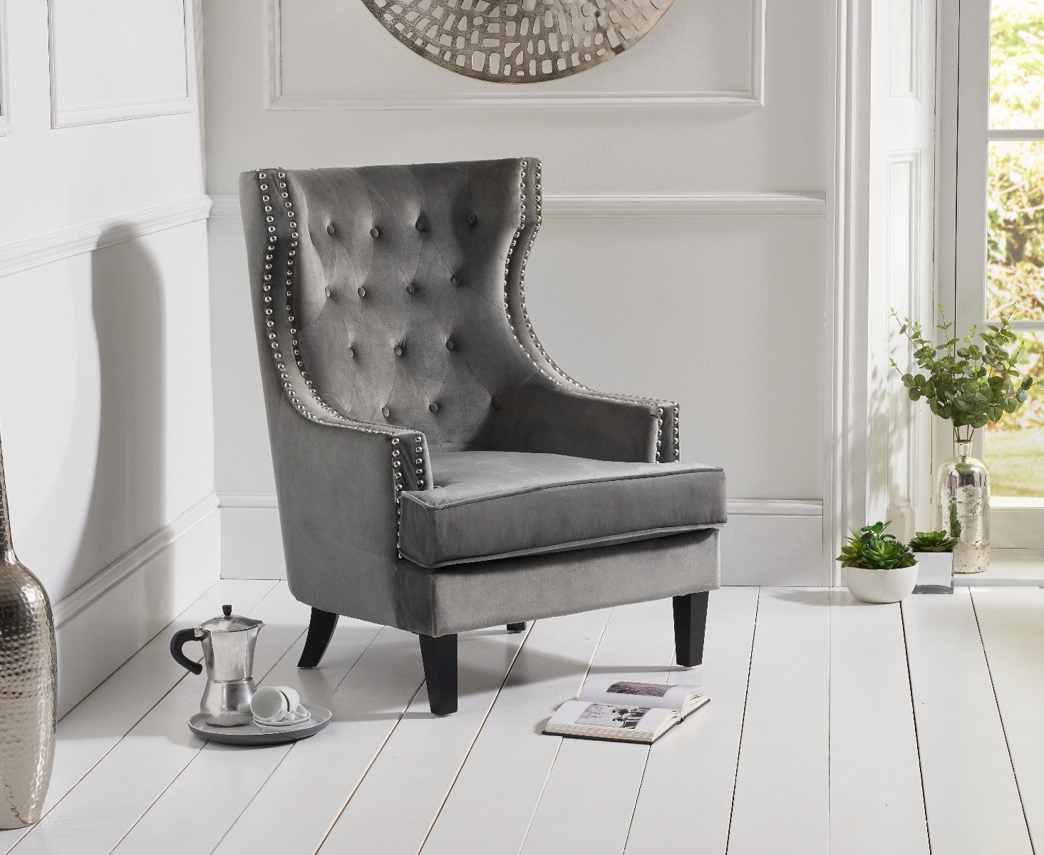 Evelyn Grey Velvet Armchair Oak Furniture Superstore