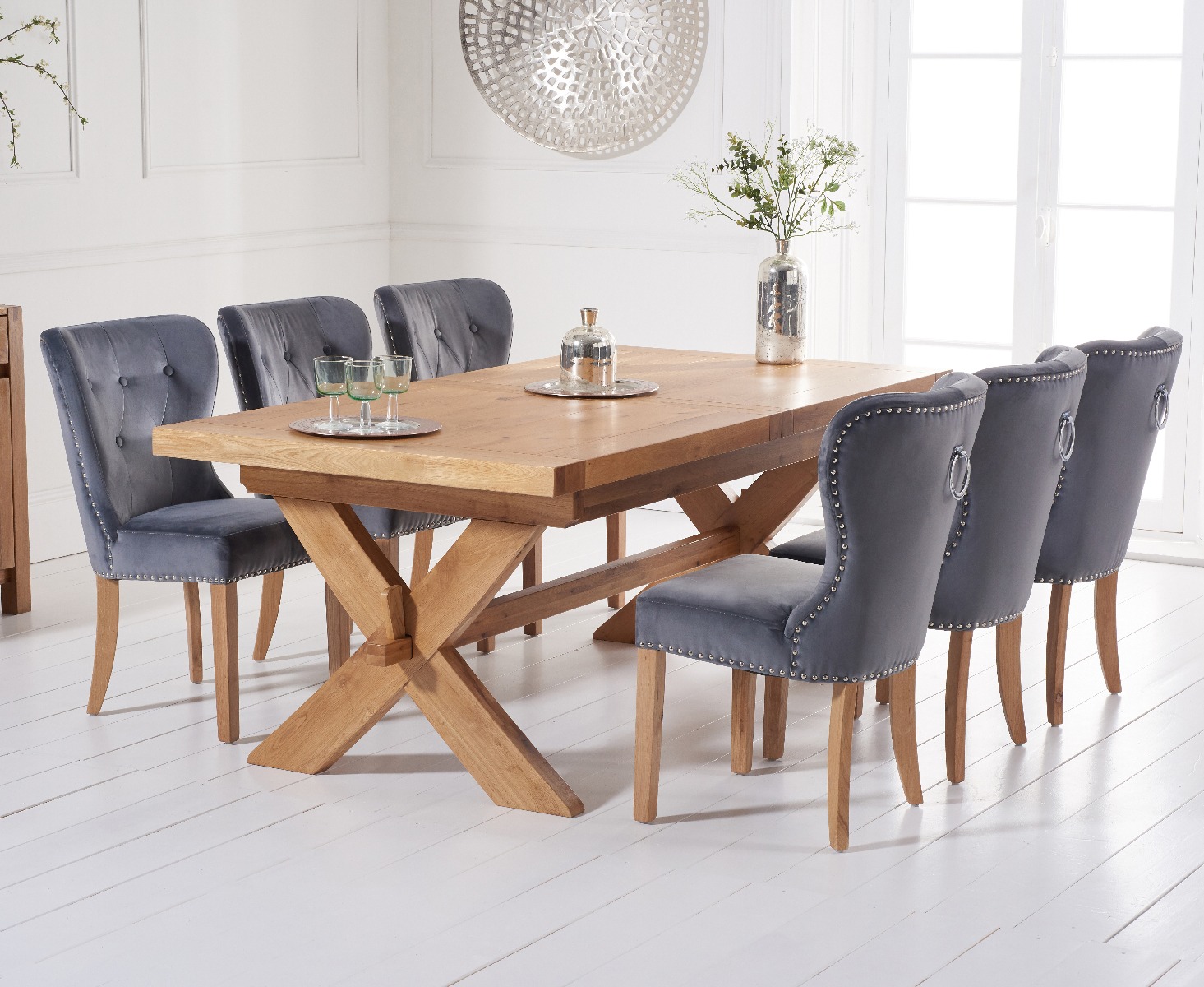 Product photograph of Buckley 200cm Solid Oak Extending Dining Table With 8 Grey Keswick Velvet Chairs from Oak Furniture Superstore