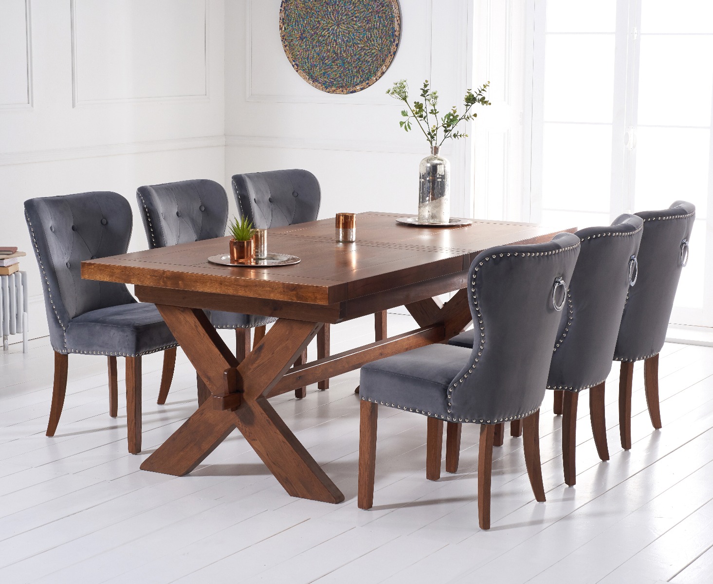 Product photograph of Buckley 200cm Dark Solid Oak Extending Dining Table With 10 Grey Keswick Velvet Chairs from Oak Furniture Superstore