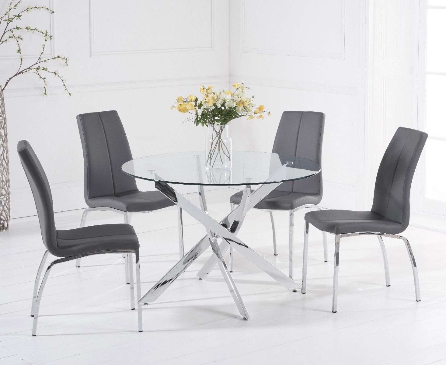 Product photograph of Denver 110cm Glass Dining Table With 4 Grey Marco Chairs from Oak Furniture Superstore